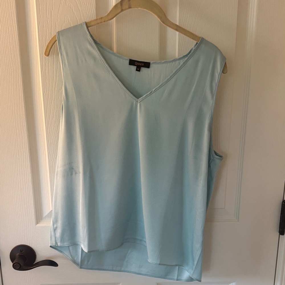Quince Women's washable silk V-Neck tank in aqua pearl (no longer available)